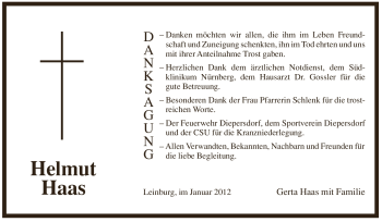 Traueranzeige von Helmut Haas von Pegnitz-Zeitung